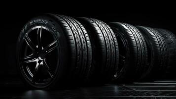 car tires on black background with light and shadow. Generative AI photo