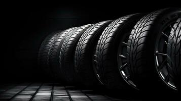 car tires on black background with light and shadow. Generative AI photo