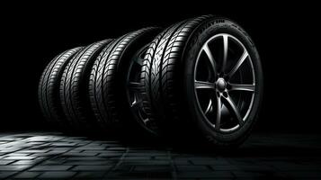 car tires on black background with light and shadow. Generative AI photo