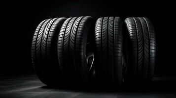 car tires on black background with light and shadow. Generative AI photo