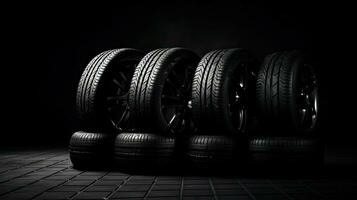 car tires on black background with light and shadow. Generative AI photo