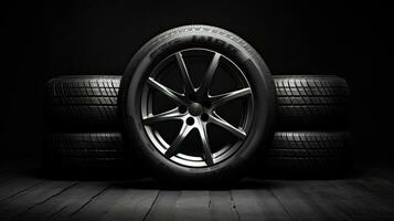 car tires on black background with light and shadow. Generative AI photo