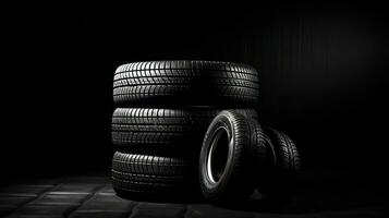 car tires on black background with light and shadow. Generative AI photo