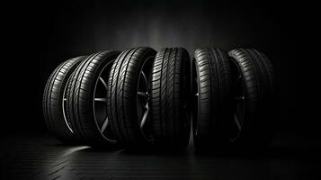 car tires on black background with light and shadow. Generative AI photo