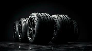 car tires on black background with light and shadow. Generative AI photo