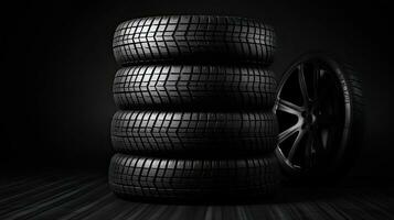 car tires on black background with light and shadow. Generative AI photo