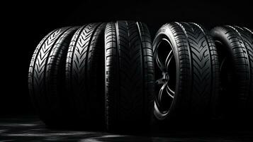 car tires on black background with light and shadow. Generative AI photo