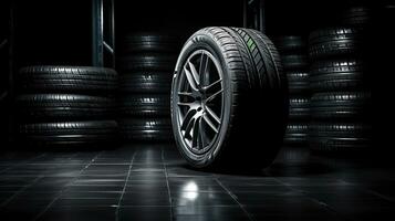 car tires on black background with light and shadow. Generative AI photo