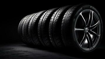 car tires on black background with light and shadow. Generative AI photo
