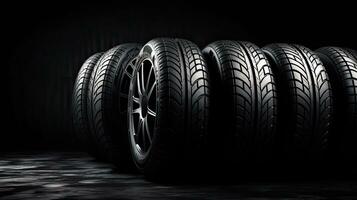 car tires on black background with light and shadow. Generative AI photo