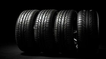 car tires on black background with light and shadow. Generative AI photo