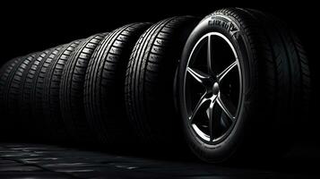 car tires on black background with light and shadow. Generative AI photo