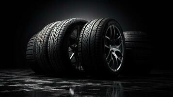 car tires on black background with light and shadow. Generative AI photo