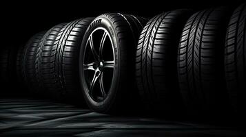 car tires on black background with light and shadow. Generative AI photo