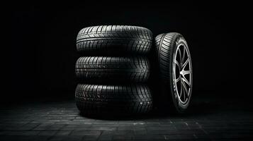 car tires on black background with light and shadow. Generative AI photo