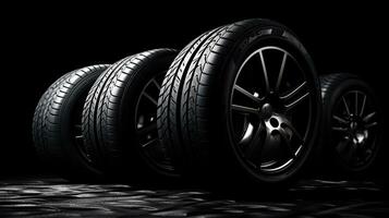 car tires on black background with light and shadow. Generative AI photo