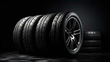 car tires on black background with light and shadow. Generative AI photo