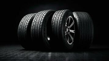 car tires on black background with light and shadow. Generative AI photo