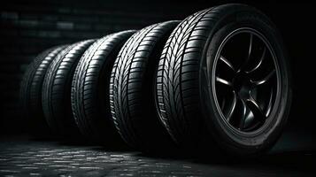 car tires on black background with light and shadow. Generative AI photo