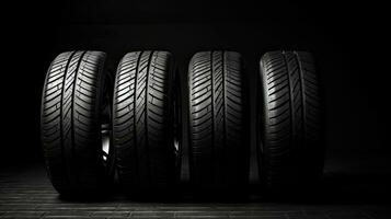 car tires on black background with light and shadow. Generative AI photo