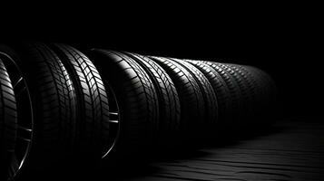 car tires on black background with light and shadow. Generative AI photo