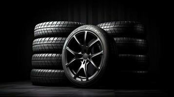 car tires on black background with light and shadow. Generative AI photo