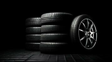 car tires on black background with light and shadow. Generative AI photo