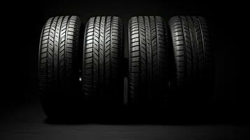 car tires on black background with light and shadow. Generative AI photo