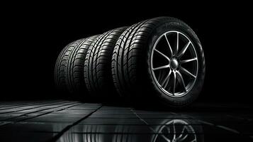 car tires on black background with light and shadow. Generative AI photo