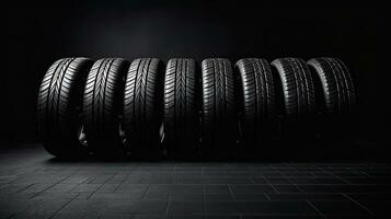 car tires on black background with light and shadow. Generative AI photo