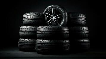 car tires on black background with light and shadow. Generative AI photo