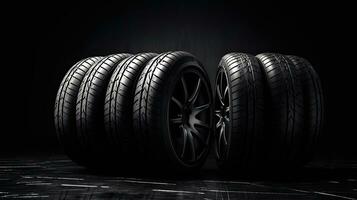 car tires on black background with light and shadow. Generative AI photo