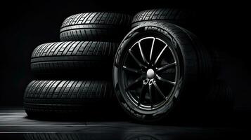 car tires on black background with light and shadow. Generative AI photo