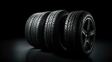 car tires on black background with light and shadow. Generative AI photo