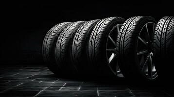 car tires on black background with light and shadow. Generative AI photo