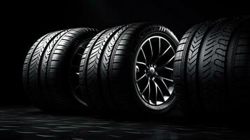 car tires on black background with light and shadow. Generative AI photo