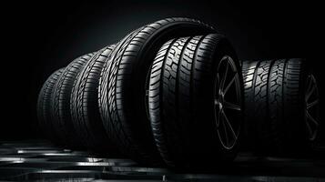 car tires on black background with light and shadow. Generative AI photo