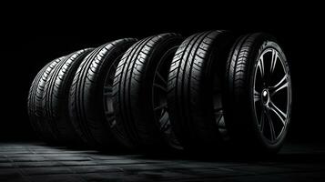 car tires on black background with light and shadow. Generative AI photo