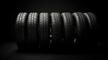 car tires on black background with light and shadow. Generative AI photo