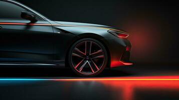 Concept car with neon light on black background. Generative AI photo