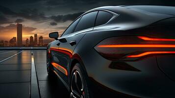 Concept car with neon light on black background. Generative AI photo