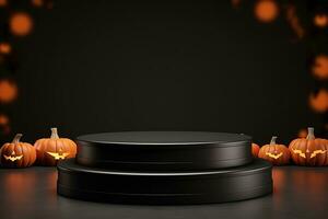 Black podium shelf or empty pedestal display with pumpkins, spiders, bats on dark Halloween background. Blank stand for showing product. Happy halloween banner mockup. 3D rendering. Generative AI photo