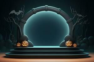 Black podium shelf or empty pedestal display with pumpkins, spiders, bats on dark Halloween background. Blank stand for showing product. Happy halloween banner mockup. 3D rendering. Generative AI photo