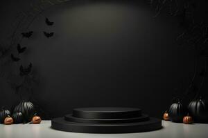 Black podium shelf or empty pedestal display with pumpkins, spiders, bats on dark Halloween background. Blank stand for showing product. Happy halloween banner mockup. 3D rendering. Generative AI photo