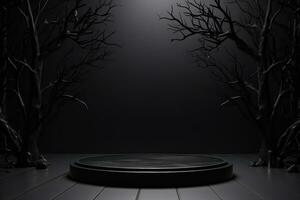 Black podium shelf or empty pedestal display with pumpkins, spiders, bats on dark Halloween background. Blank stand for showing product. Happy halloween banner mockup. 3D rendering. Generative AI photo