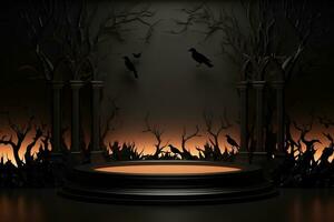 Black podium shelf or empty pedestal display with pumpkins, spiders, bats on dark Halloween background. Blank stand for showing product. Happy halloween banner mockup. 3D rendering. Generative AI photo