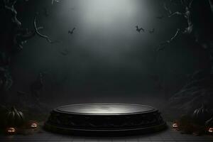 Black podium shelf or empty pedestal display with pumpkins, spiders, bats on dark Halloween background. Blank stand for showing product. Happy halloween banner mockup. 3D rendering. Generative AI photo