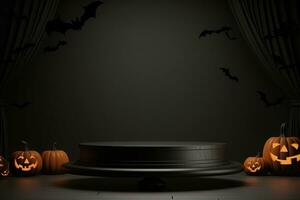 Black podium shelf or empty pedestal display with pumpkins, spiders, bats on dark Halloween background. Blank stand for showing product. Happy halloween banner mockup. 3D rendering. Generative AI photo
