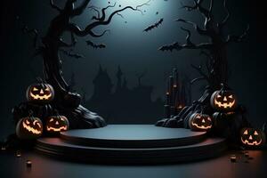 Black podium shelf or empty pedestal display with pumpkins, spiders, bats on dark Halloween background. Blank stand for showing product. Happy halloween banner mockup. 3D rendering. Generative AI photo