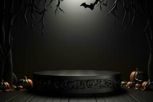 Black podium shelf or empty pedestal display with pumpkins, spiders, bats on dark Halloween background. Blank stand for showing product. Happy halloween banner mockup. 3D rendering. Generative AI photo